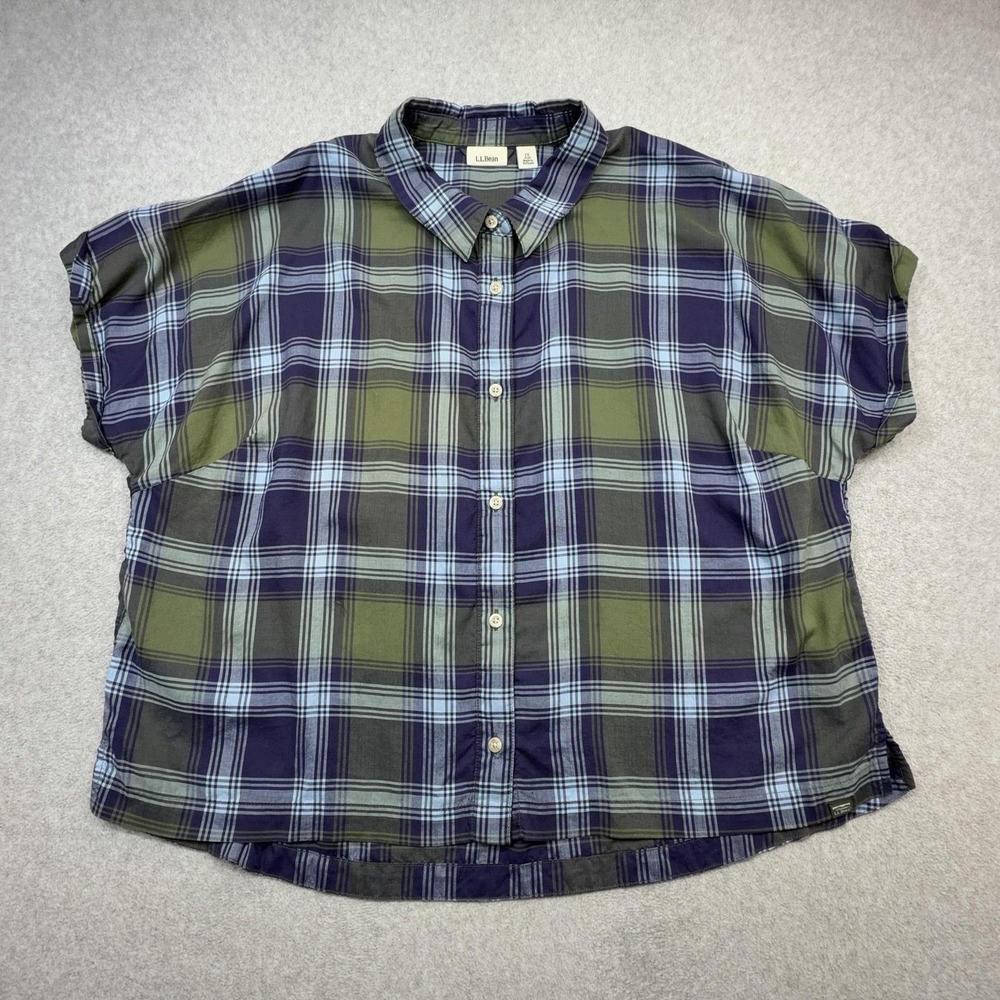 LL Bean Mountainside Shirt Womens 1X Plus Blue Green Plaid Short Sleeve Tencel